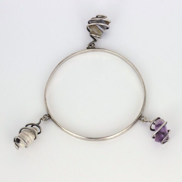Vintage Sterling Silver 925 Purple Amethyst Agate Dangle Crystal Bangle 8.5" - Picture 9 of 12